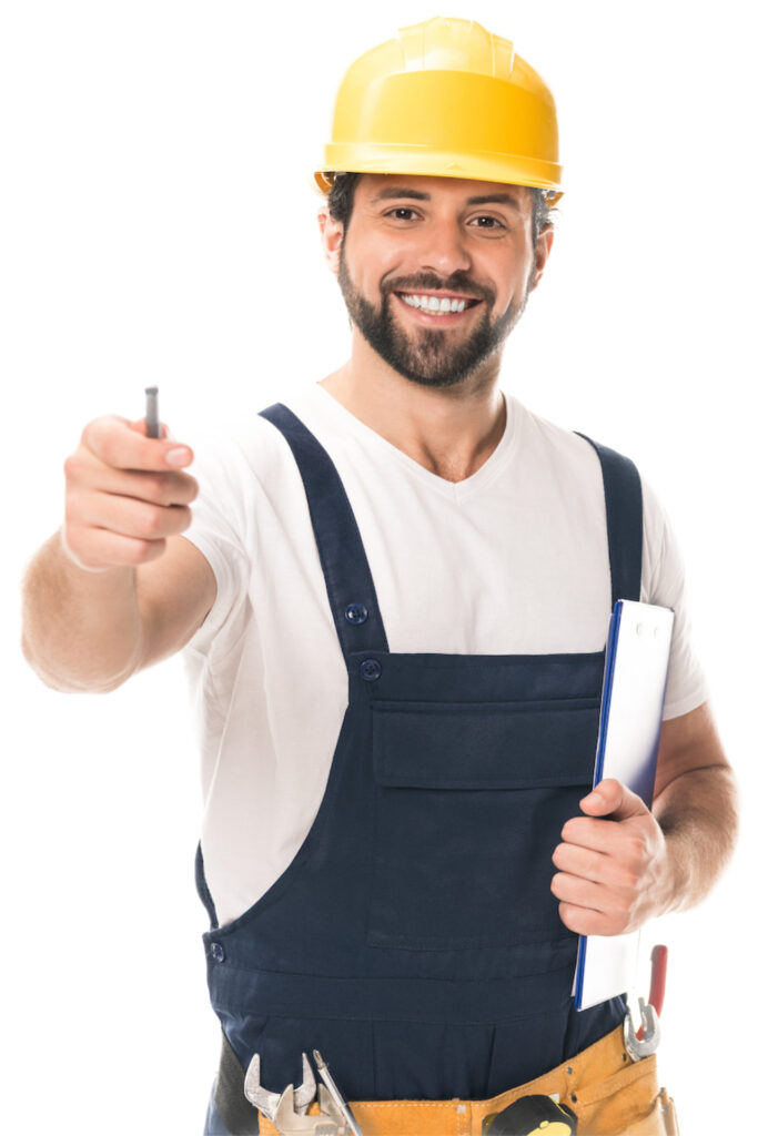 handsome construction worker in hard hat holding clipboard and s
